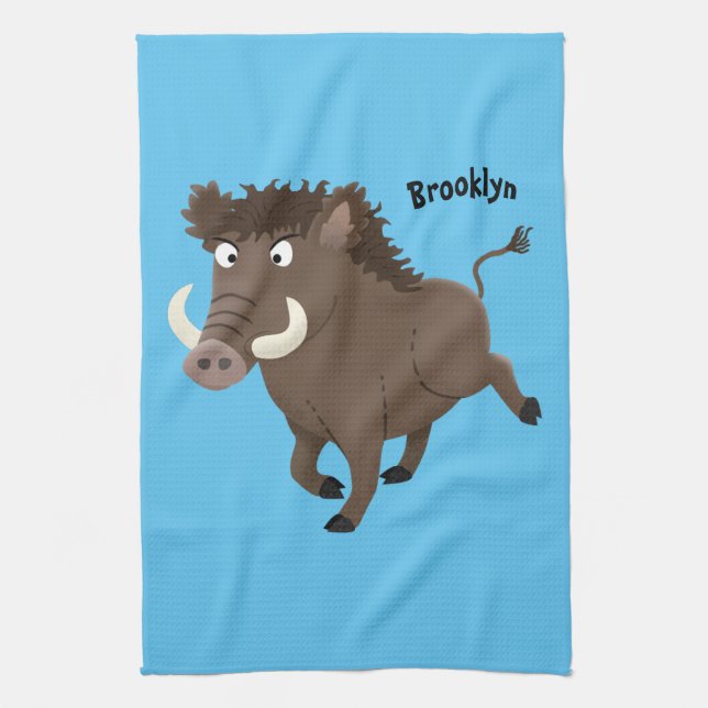Funny wild boar razorback cartoon illustration  tea towel (Vertical)