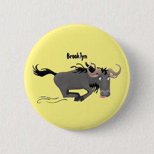 Funny wildebeest running cartoon illustration 6 cm round badge