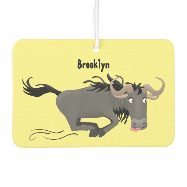 Funny wildebeest running cartoon illustration car air freshener (Front)