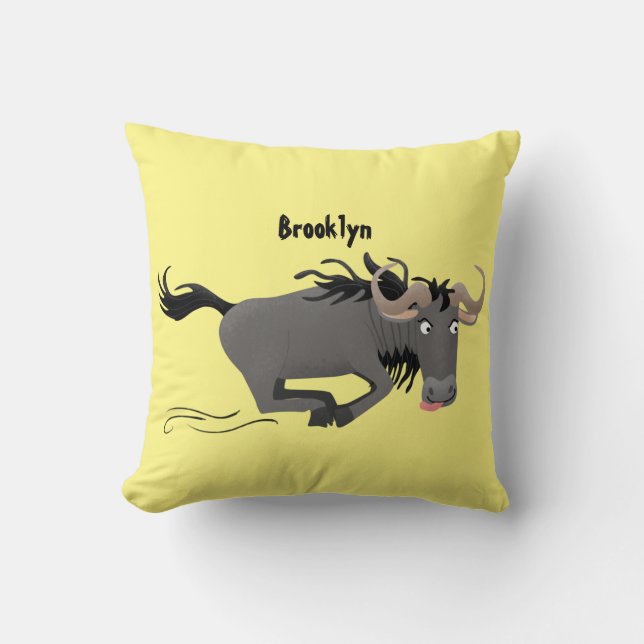 Funny wildebeest running cartoon illustration cushion (Front)