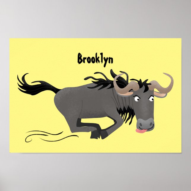 Funny wildebeest running cartoon illustration poster (Front)