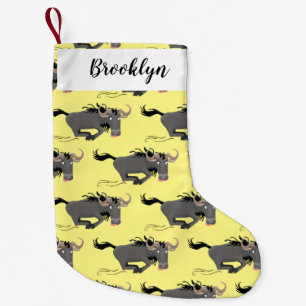 Funny wildebeest running cartoon illustration small christmas stocking