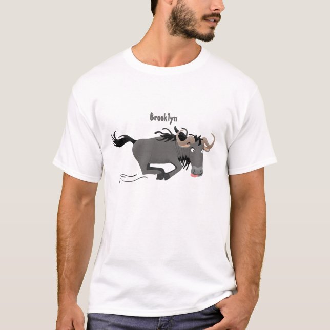 Funny wildebeest running cartoon illustration T-Shirt (Front)