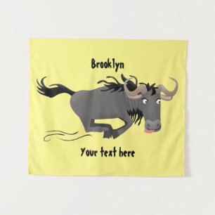 Funny wildebeest running cartoon illustration tapestry