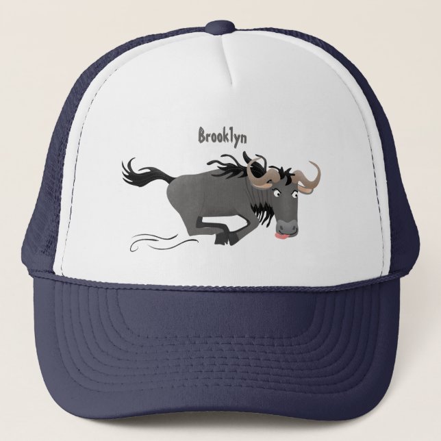 Funny wildebeest running cartoon illustration trucker hat (Front)