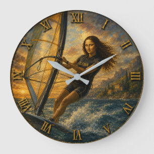 Funny Windsurfing Mona Lisa Sailing Ocean Gift Large Clock