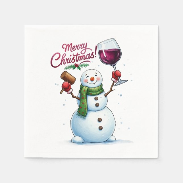 Funny wine drinking snowman Holiday party  Napkin (Front)