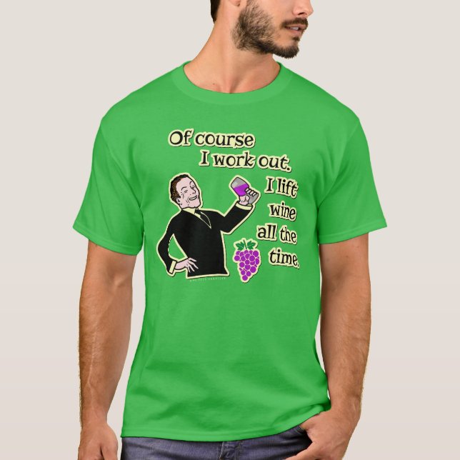 Funny Wine Drinking Work Out Humour Cartoon T-Shirt (Front)