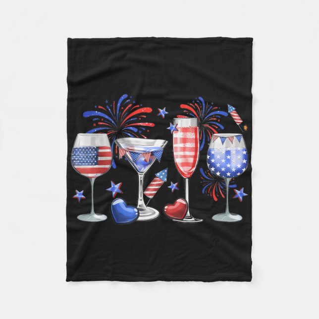 Funny Wine Gl Red White Blue Firework Happy 4th Of Fleece Blanket (Front)