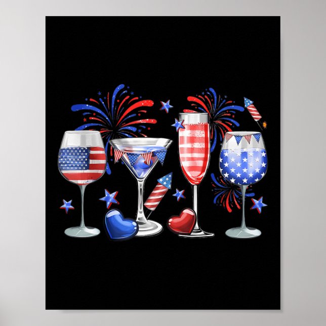 Funny Wine Gl Red White Blue Firework Happy 4th Of Poster (Front)
