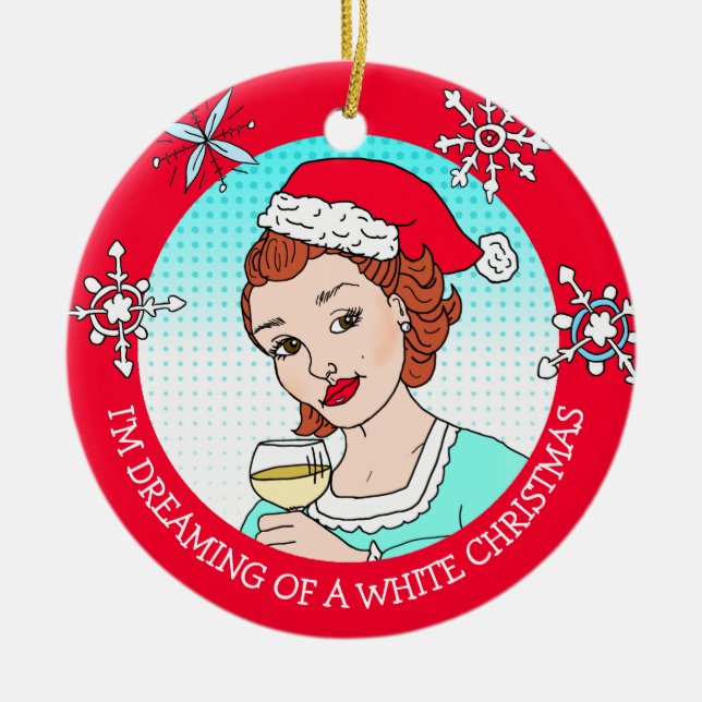 Funny Wine Humour Retro Lady White Christmas Ceramic Tree Decoration (Front)