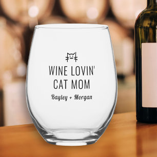 Funny Wine Loving Cat Mum Personalised Names Stemless Wine Glass