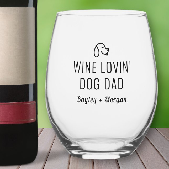 Funny Wine Loving Dog Dad Personalised Names Stemless Wine Glass (Creator Uploaded)