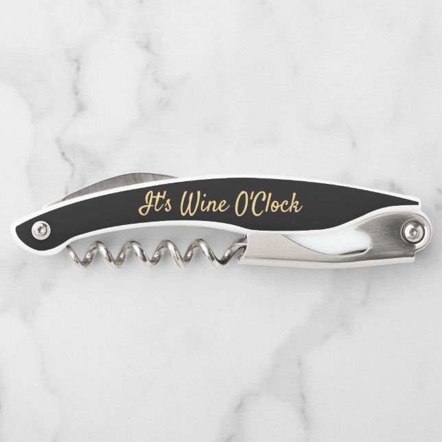 Funny Wine O'Clock Black Gold Quote Corkscrew (Back)