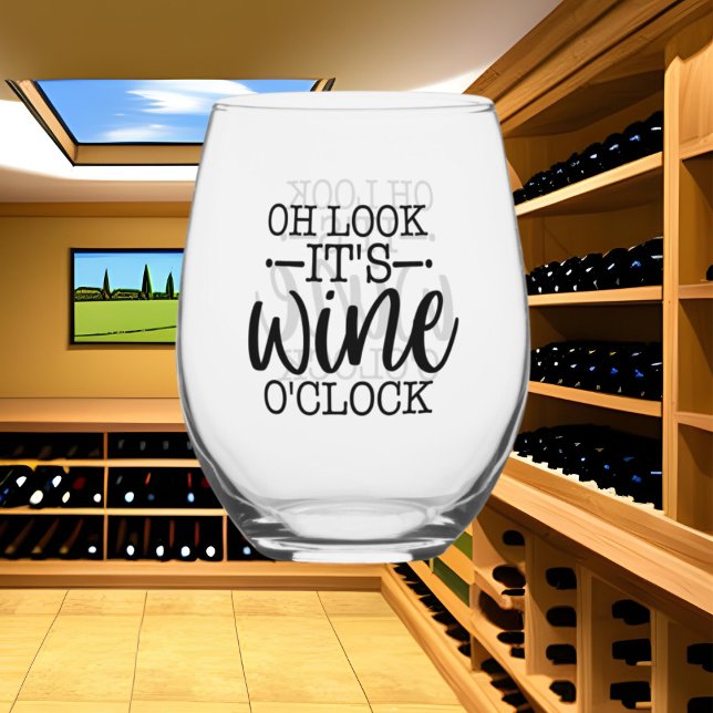 Funny wine o'clock word art stemless wine glass (Creator Uploaded)