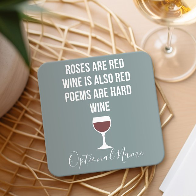 Funny Wine Poem - Wine is Red Poetry is Hard Square Paper Coaster (Personalized Coaster with a funny wine joke)