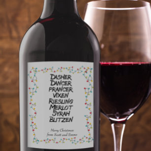 Funny  Wine Reindeer names Christmas Lights Wine Label