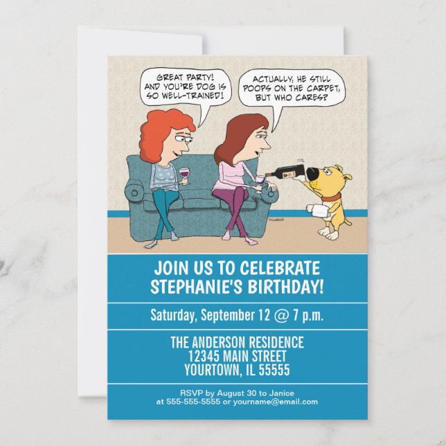 Funny Wine-Serving Dog Birthday Party Invitation (Front)