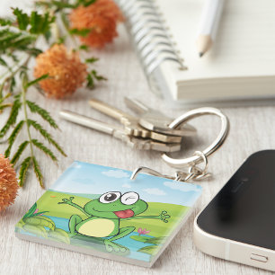 Funny Winking Frog on Lily Pad Pond Key Ring