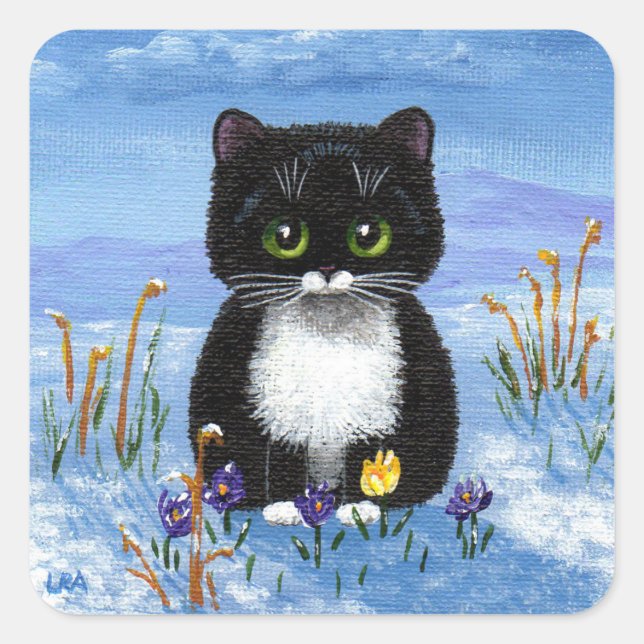 Funny Winter Black Cat Creationarts Square Sticker (Front)
