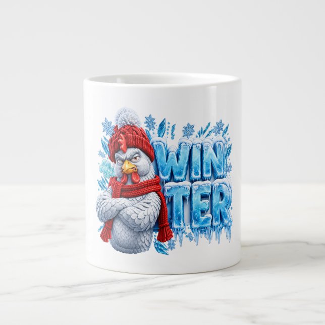 Funny Winter Chicken Sweatshirt - Grumpy Rooster w Large Coffee Mug (Front)
