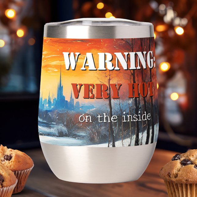 Funny Winter Landscape Insulated Tumbler (Insulated tumbler featuring your funny texts on a fine art winter landscape painting - hot cold joke)