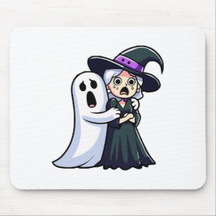 Funny Witch And Ghost Scared Face Halloween Couple Mouse Pad