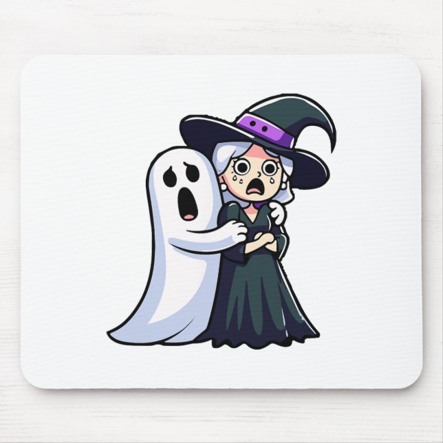 Funny Witch And Ghost Scared Face Halloween Couple Mouse Pad (Front)