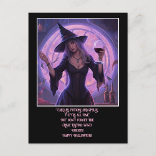 Funny Witch and Wine Happy Halloween Holiday Postcard