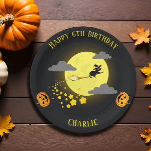 Funny Witch Black Cat Cartoon Halloween Birthday Paper Plate