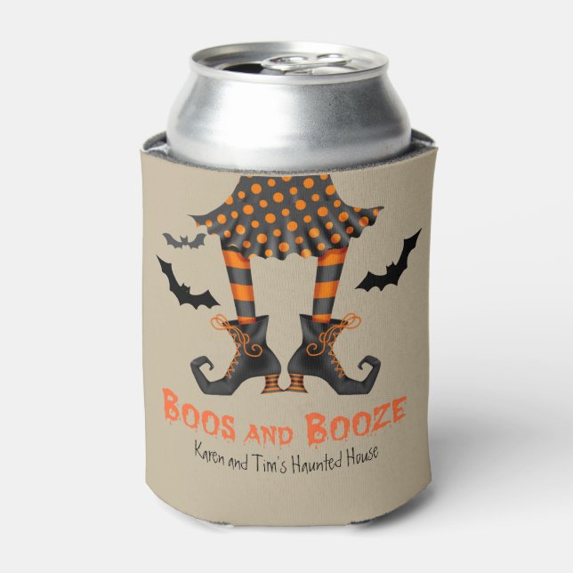 Funny Witch Boos and Booze Halloween Can Cooler (Can Front)
