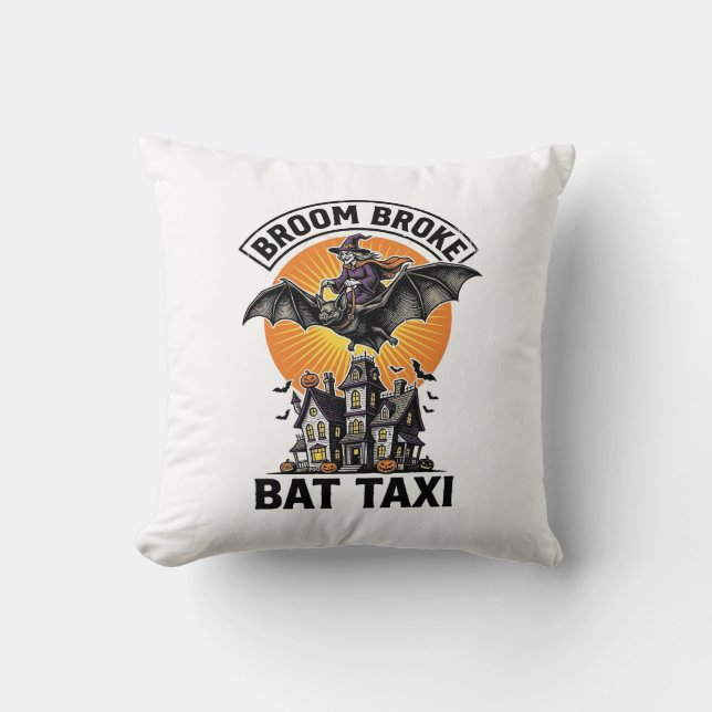 Funny Witch Halloween Broom Broke Bat Ride_1 Cushion (Front)