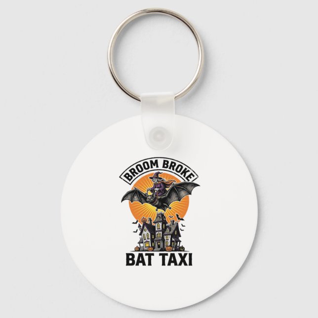 Funny Witch Halloween Broom Broke Bat Ride_1 Key Ring (Front)