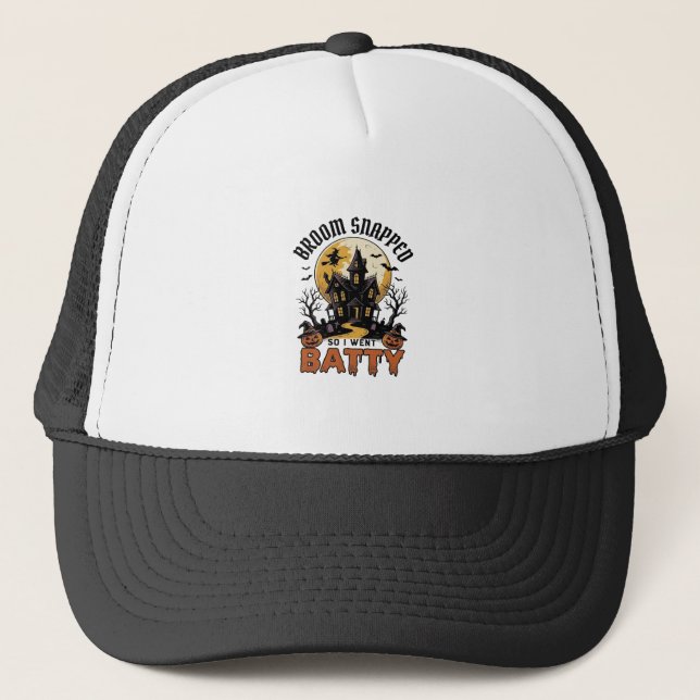 Funny Witch Halloween Haunted House Batty Graphic  Trucker Hat (Front)