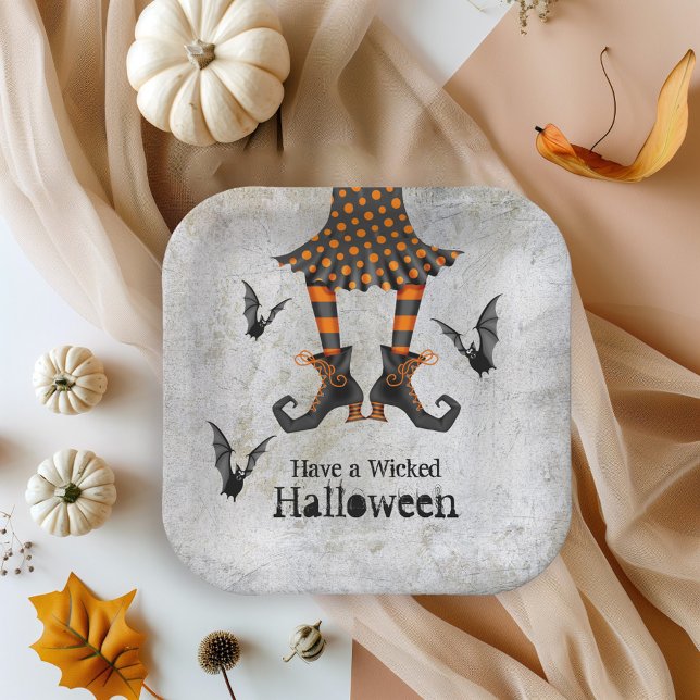 Funny Witch Legs and Bats Wicked Halloween Party Paper Plate (Plates available in 7" diameter and 9" diameter sizes.)