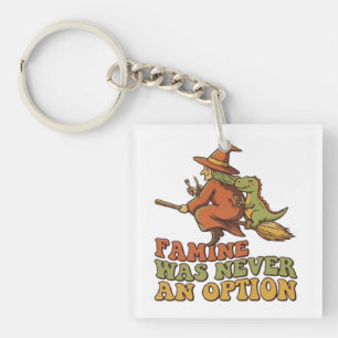 Funny Witch Riding Broom with Dinosaur Famine Was Key Ring