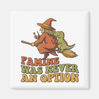 Funny Witch Riding Broom with Dinosaur Famine Was  Magnet