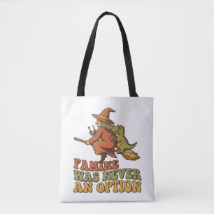 Funny Witch Riding Broom with Dinosaur Famine Was Tote Bag