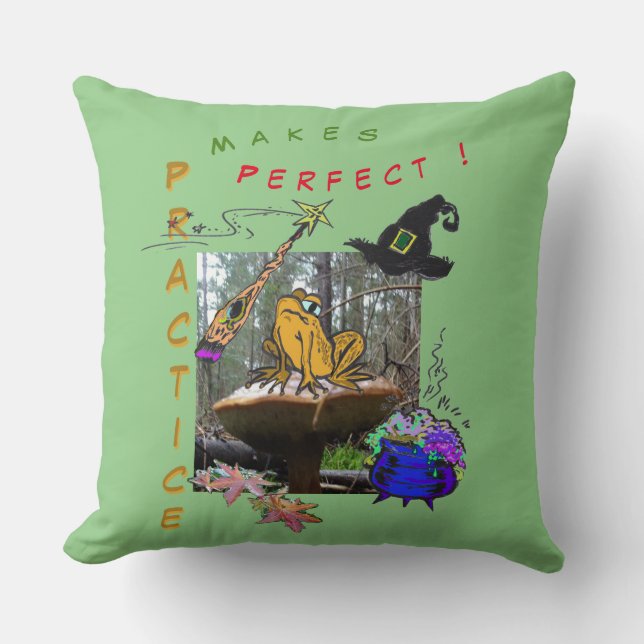 Funny Witch Toad Cartoon Humour Cust. Throw Pillow (Front)