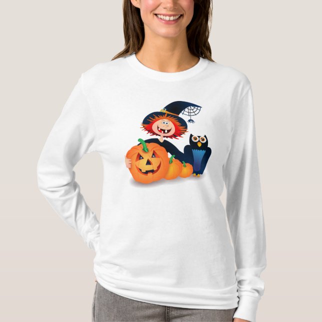 Funny witch with owl and pumpkins T-Shirt (Front)