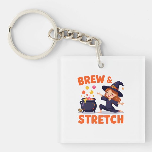 Funny Witch Yoga Design – "Brew & Stretch" Cartoon Key Ring (Front)