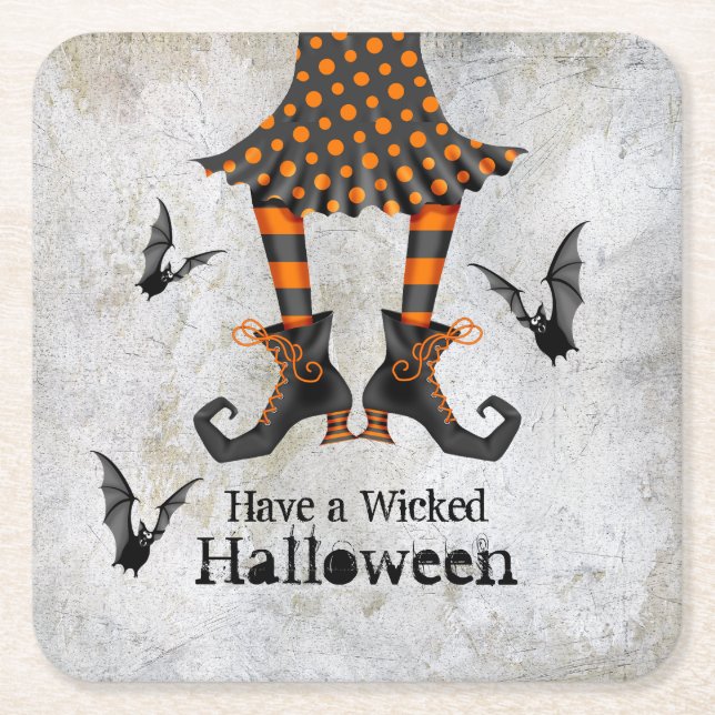 Funny Witch's Legs and Bats Wicked Halloween Square Paper Coaster (Front)