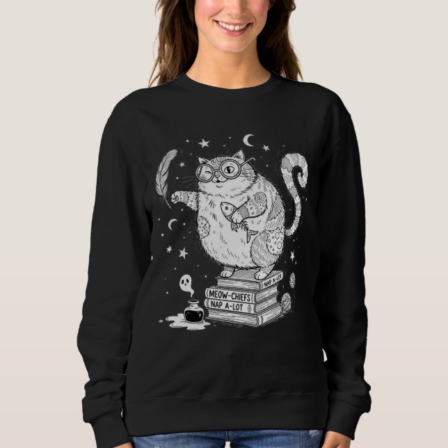 Funny Witchy Cat on Books  Sweatshirt (Front)