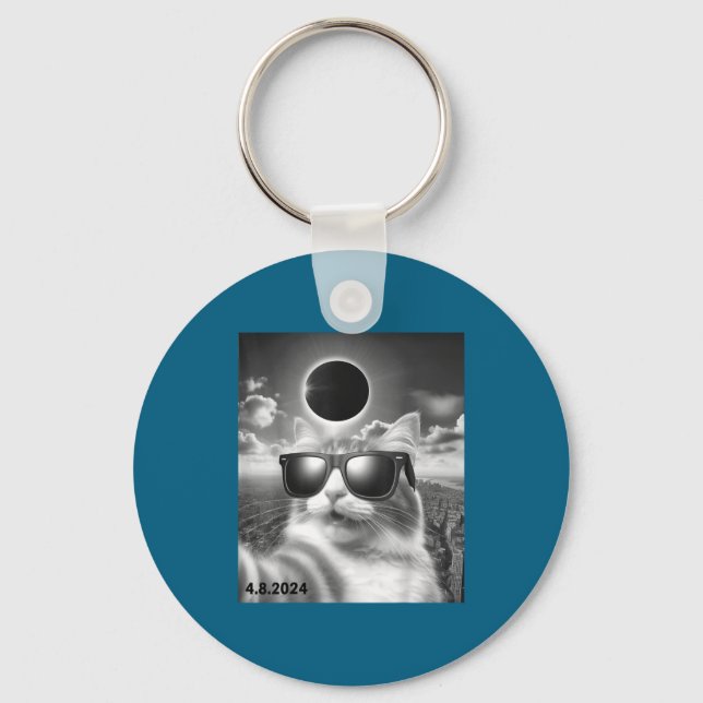 Funny With Cat Sunglasses Selfie Solar Eclipse Key Ring (Front)