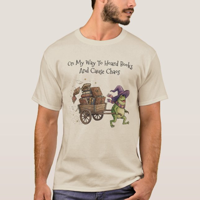 Funny Wizard Frog Hoarding Books Reading T-Shirt (Front)