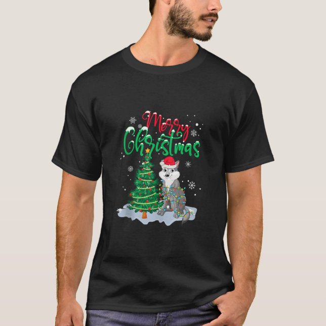 Funny Wolf Animal Lover Xmas Lighting Wolf Christm T-Shirt (Front)