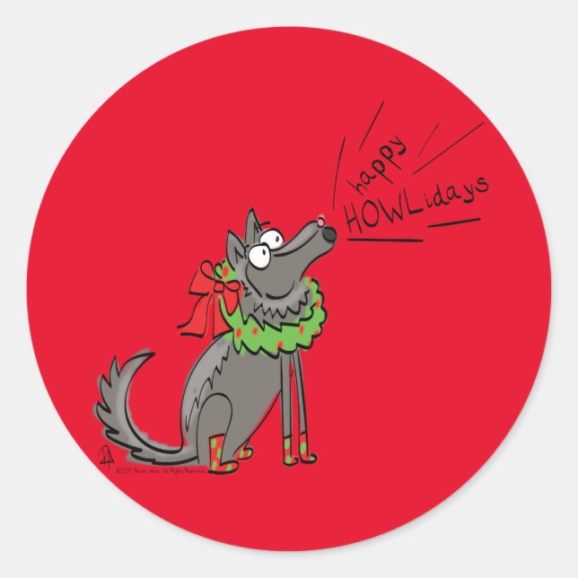 Funny Wolf Christmas Happy Howlidays Holiday Classic Round Sticker (Front)