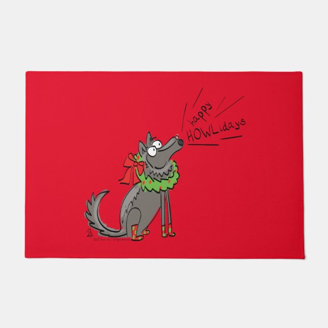 Funny Wolf Christmas Happy Howlidays Holiday Doormat (Front)