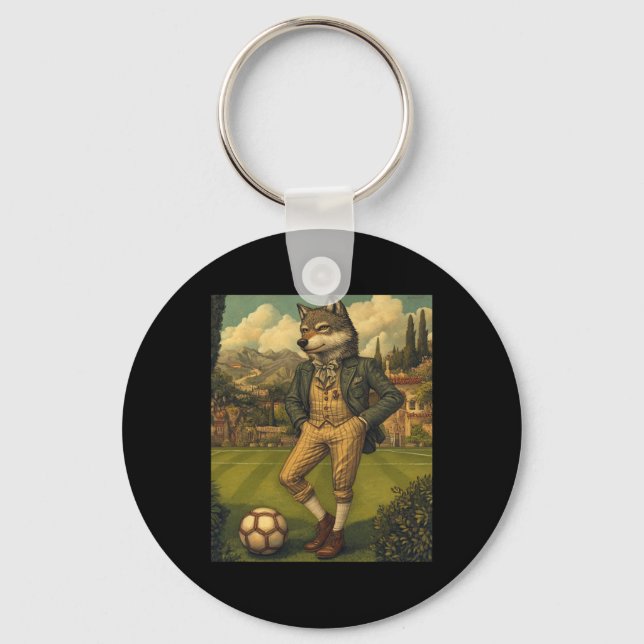 Funny Wolf Playing Soccer Graphic Weird Wolf  Key Ring (Front)