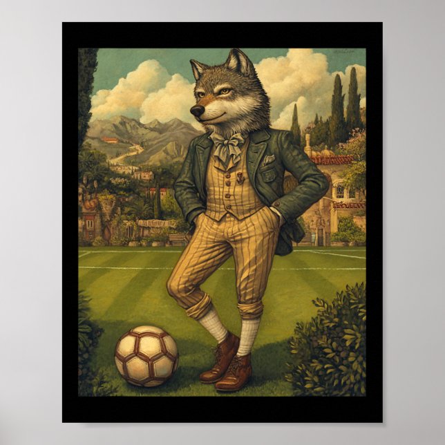 Funny Wolf Playing Soccer Graphic Weird Wolf  Poster (Front)
